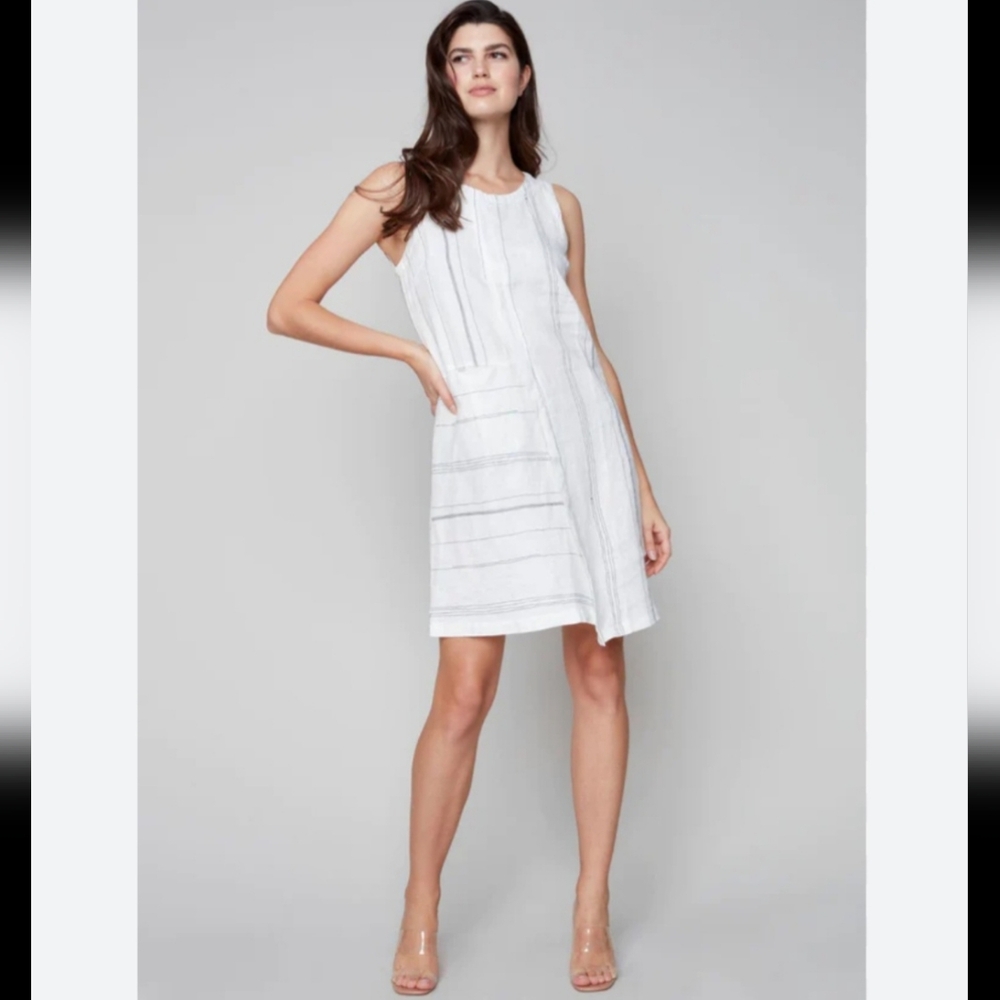 NWT Charlie B 100% Linen Sleeveless Stripes Dress White XS